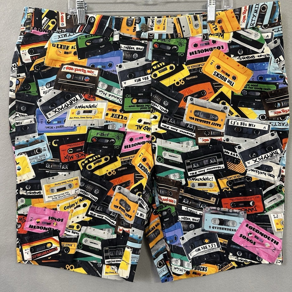 Loudmouth "Party Mix" Retro Cassette Tape Multi Color Golf Shorts Men's 42 GUC
